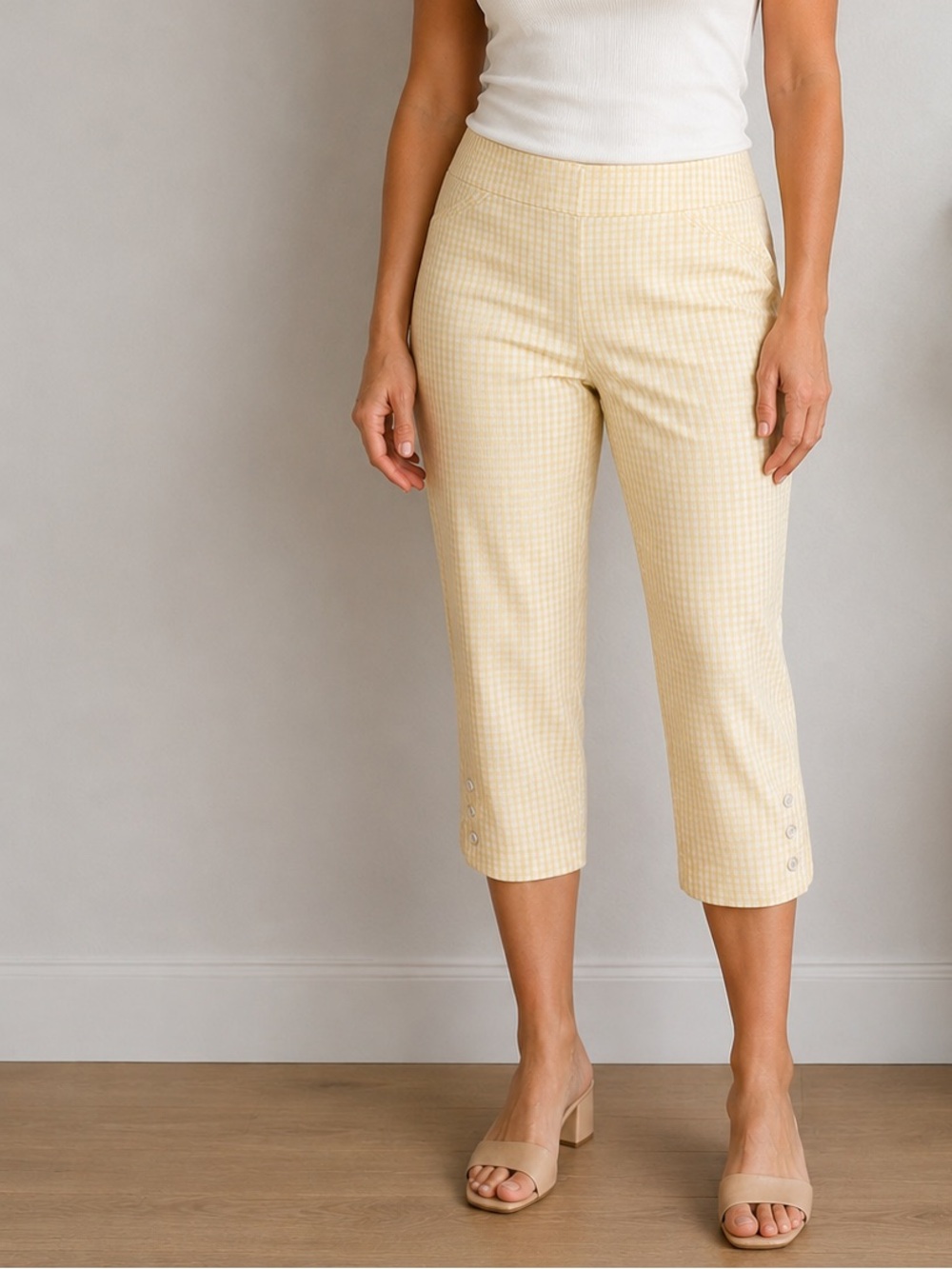 Chico's Yellow Gingham Cropped Pant Elastic Waist Cottagecore Summer 14 (2.5)
